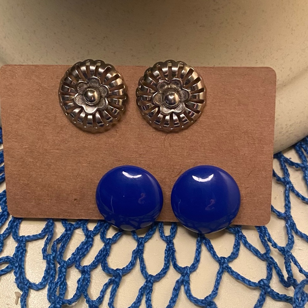 Set of Vintage Silver-Tone and Blue Button ScrewBack  Earrings